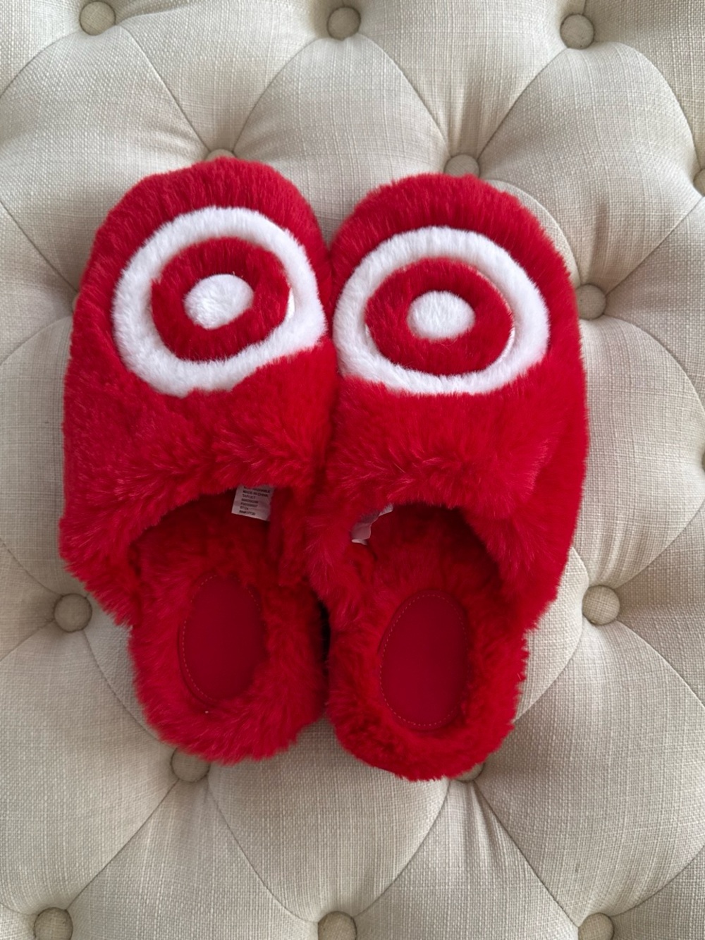 Red Fuzzy Slip-On Slippers with Target Ring Accent